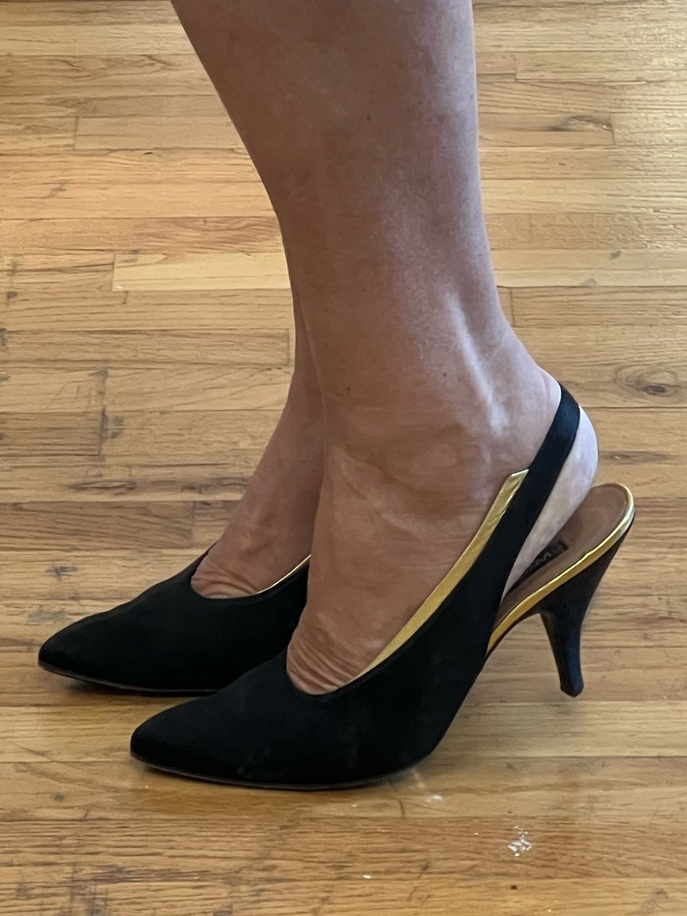 Maud Frizon Vintage 1988 Elegant Black  Satin Slingback Heels, Gold Trim